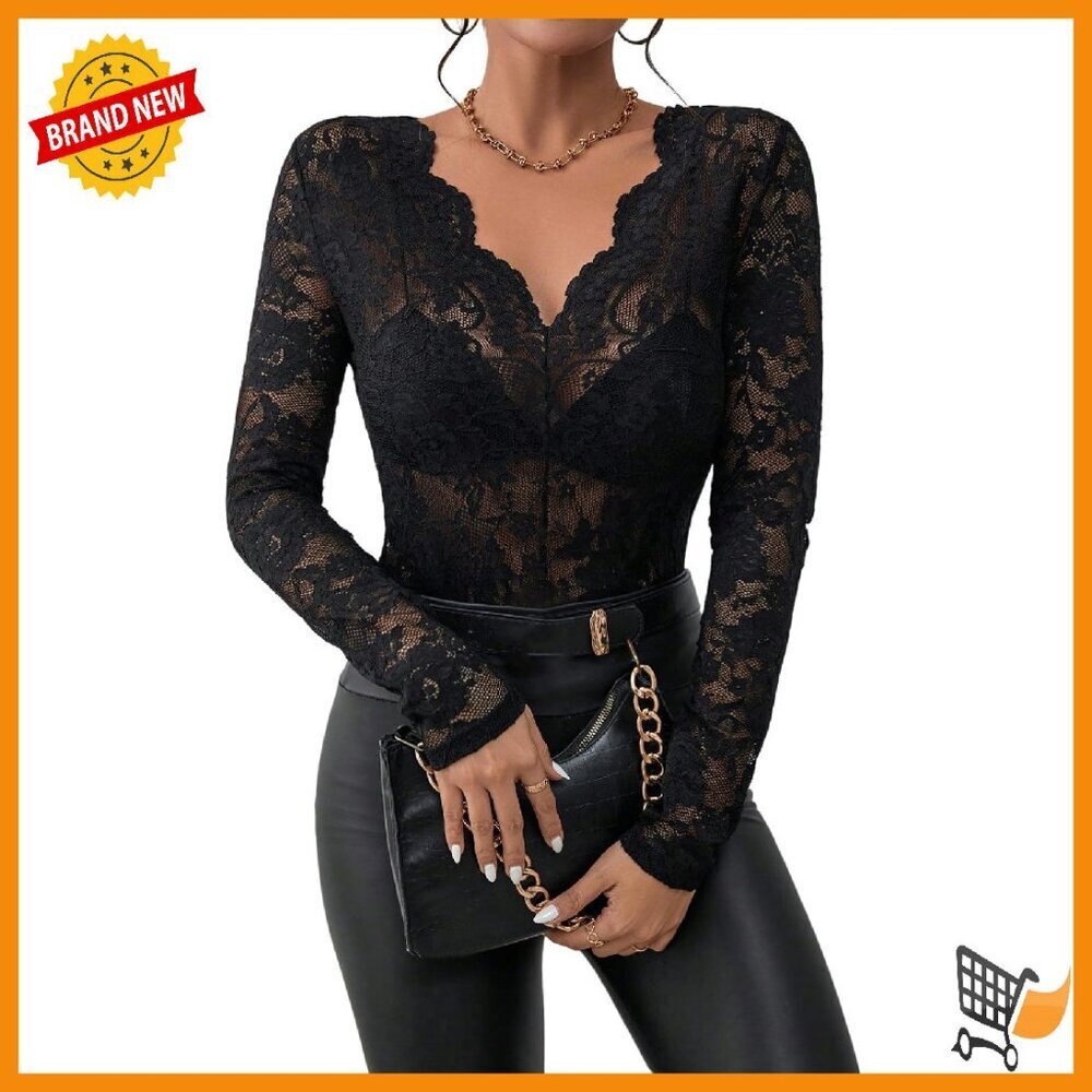 Plus Size Floral Lace Sheer V-Neck Long Sleeve Tee Club Outfit